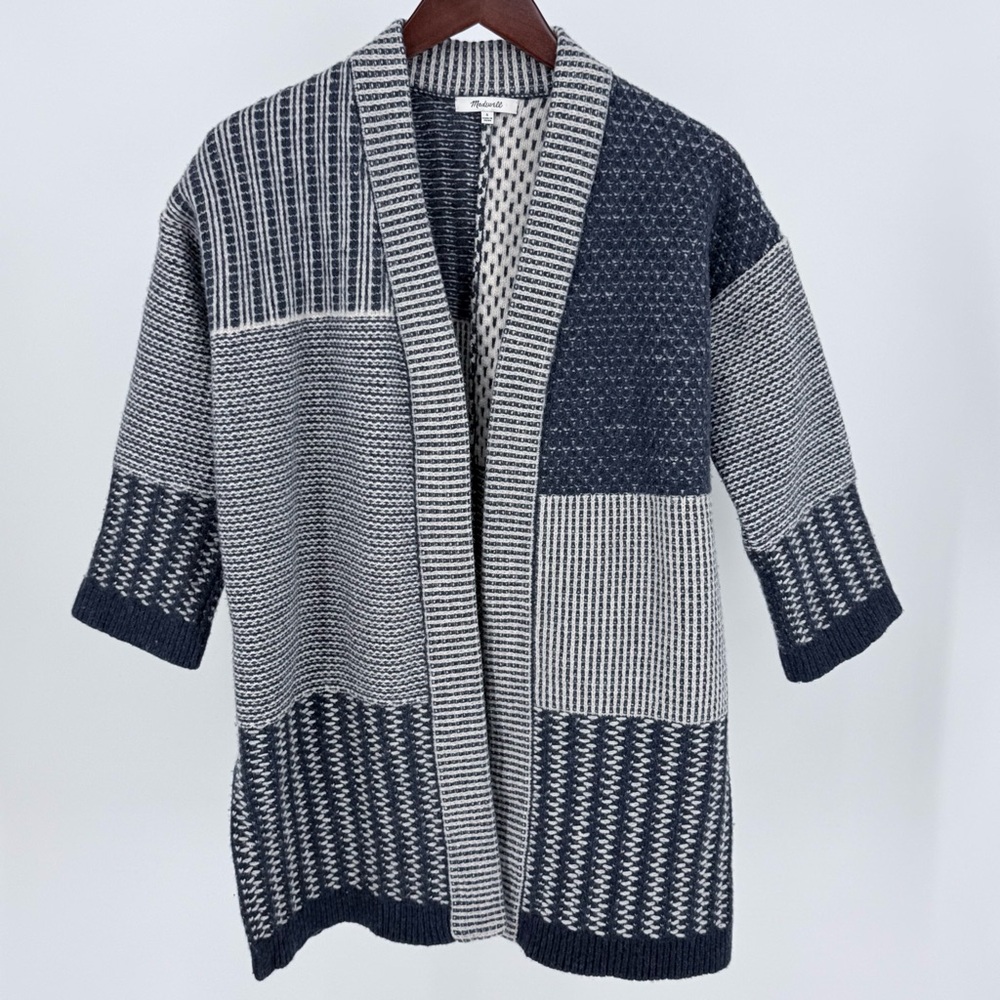 Madewell Navy and Cream Textured Patchwork 100% Merino Cardigan
